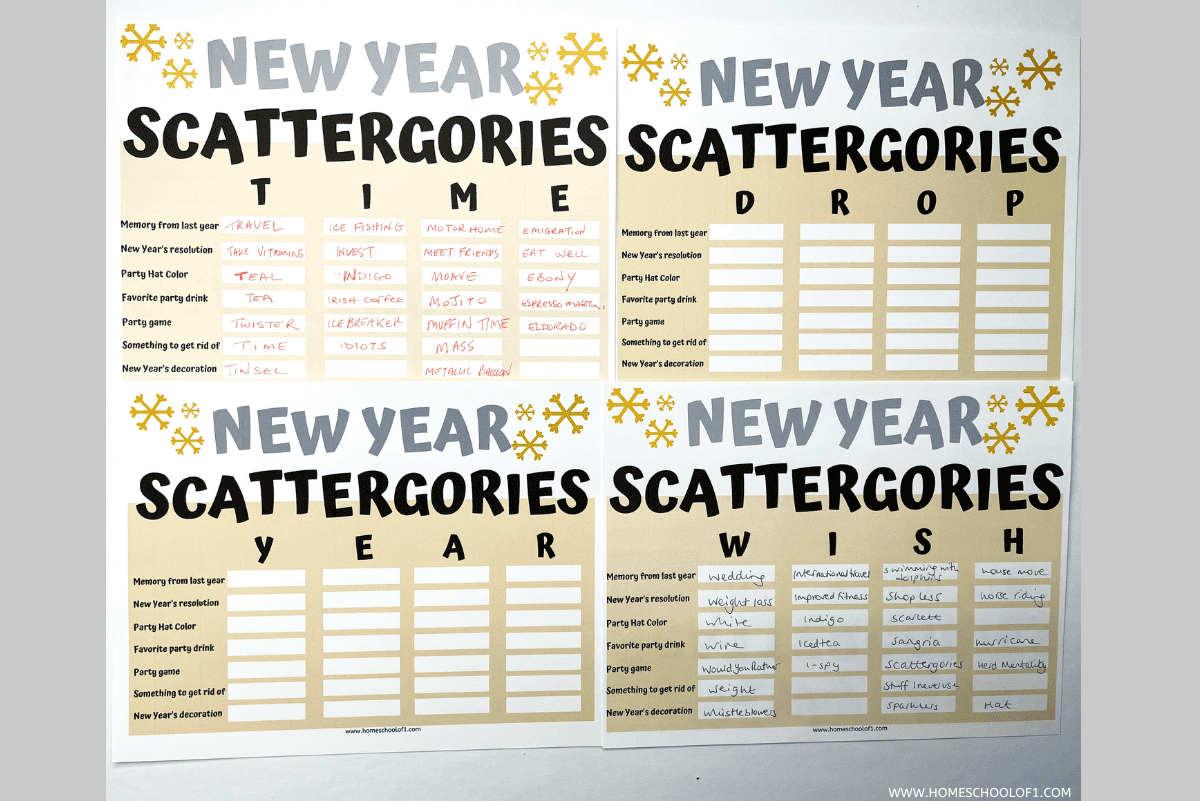 new year's scattergories game (free printables)